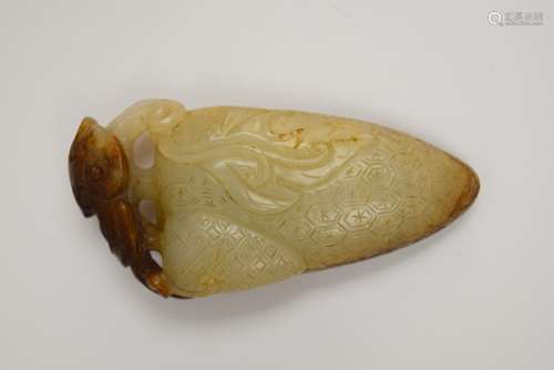 Jade carving. China. 18th century. White stone with russet markings. Carved as a pair of Lichees and foliage. 2-1/2