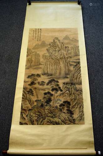 Scroll painting. China. 19th/20th century. Ink and colours on paper. Scene of a mountain landscape. 49