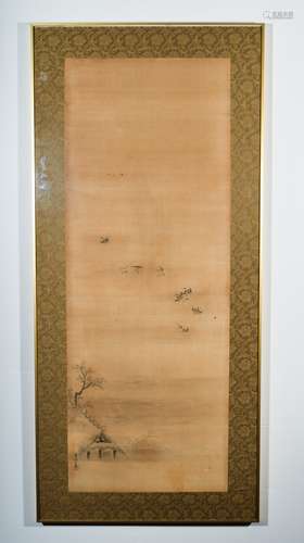 KANO NAONOBU. Attributed to. Six framed paintings on silk. Probably from a screen.  All signed and with red seal. Sight sizes (all) 41-3/4