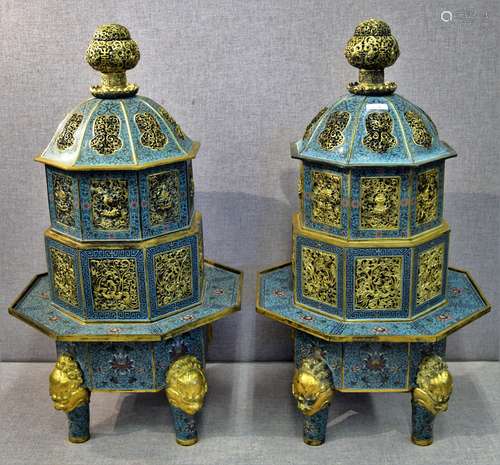 Pair of tall  Cloisonne censers. China. Late 20th century. Hexagonal