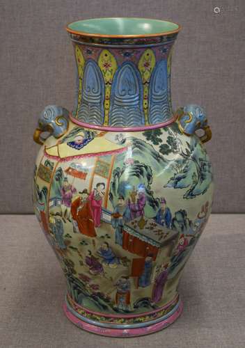 Large porcelain vase. China. 20th century. Elephant form handles. Molded acadia motifs at the neck. Famille rose decoration of the spring planting. 27