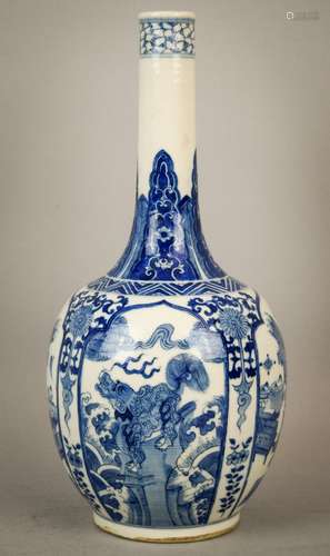 Porcelain vase. China. Late 19th century. Bottle form. Underglaze blue decoration of the hundred antiques and kylin in reserves with various floral borders. K'ang hsi mark on the base. 11