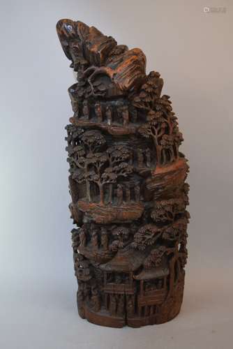 Bamboo Mountain root carving. China. 19th century. Figures and pavilions in a mountain landscape. 16-1/2