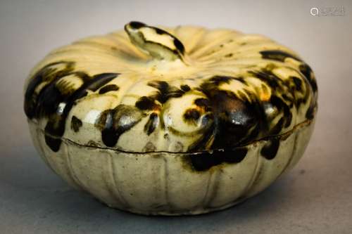 Stoneware covered box. Japan. Melon shaped. Cream colored glaze with manganese decoration of flowers. 5