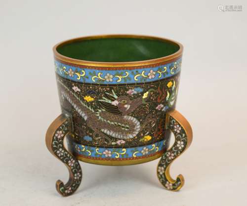 Cloisonné censer. Japan. Meiji period (1868-1912). Bucket shaped with cabriole tripod base. Decoration of dragons, pearls and clouds on a goldstone ground. 4