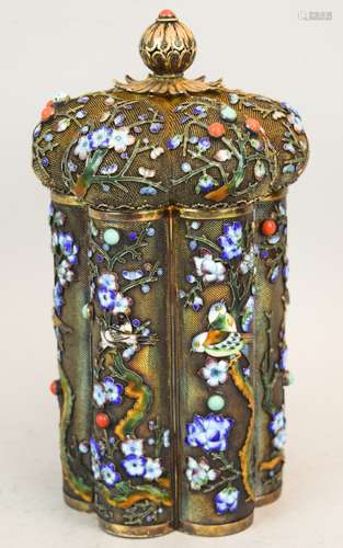 Silver filigree tea caddy. China. Early 20th century. Lobated sides with enamel decoration of birds and flowering frees inset with cabochons of coral and turquoise. 7.5