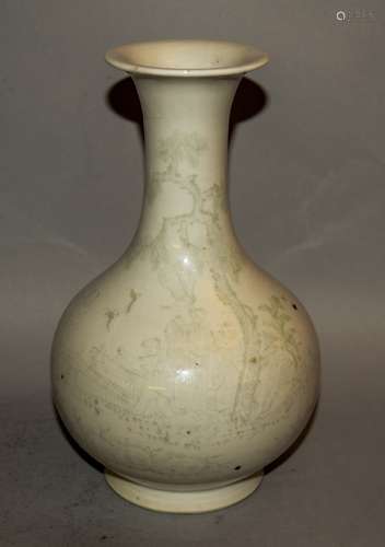 Porcelain vase. China. 18th/19th century. Bottle shaped. White with underglaze green painting of a scholar and attendants. 9