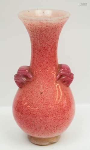 Peking Glass vase. China. 19th century. Animal mask handles. Pink colour. 3-3/4