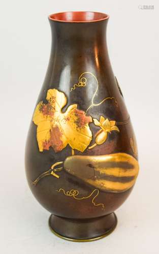 Mixed metal vase. Japan. Meiji period (1868-1912). Pear shaped decoration of a cucumber plant with an insect. (line to one fruit). 8