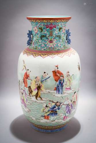 Porcelain vase. China. 19th century, Famille Rose decoration of the Immortals with various borders. Neck decorated with kuei dragons and lotus scrolling on a turquoise ground. 15-1/2