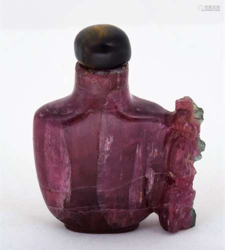 19th century Chinese Amethyst colored tourmeline stone carved snuff bottle with floral and figural decoration. 2-1/2