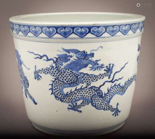 Porcelain Fish bowl. China. 19th century. Underglaze blue decoration of auspicious animals, phoenix, tortoise, tiger, kylin and dragon. 12