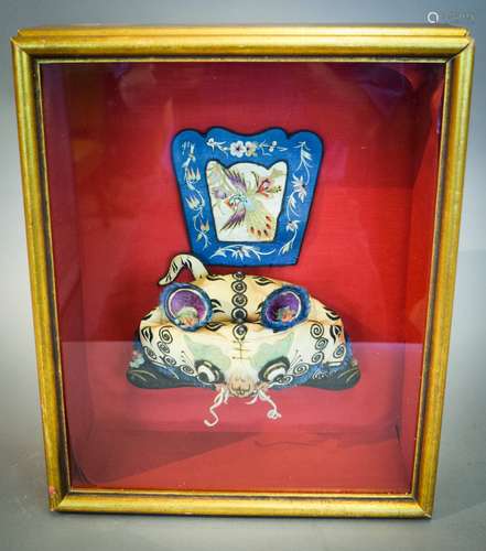 19th century Chinese silk embroidered figural hat and badge. The hat in the form of a cat. Encased in a shadow box frame. Overall frame size: 16-1/2