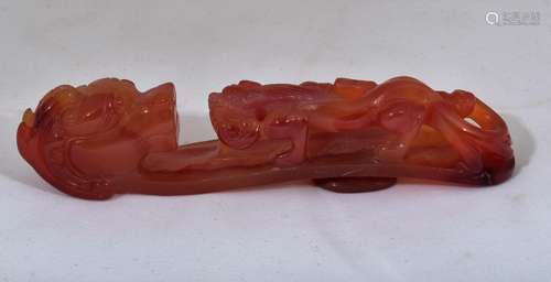 Qing Dynasty Dragon carved Agate belt hook. Good translucent color. 4-1/2