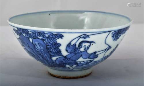 Porcelain bowl. China. Ming Period. 17th century. Underglaze blue decoration of fisherman on the exterior with an official on the interior. Four character honorific mark. 5