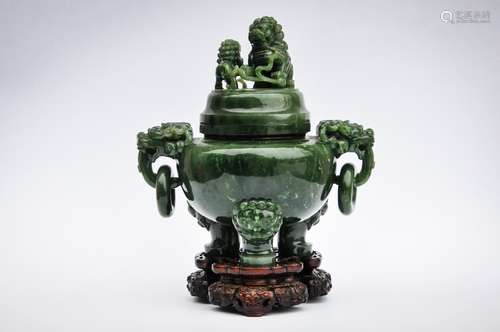 Brilliant Green Jadeite Censer. China. 19th century.