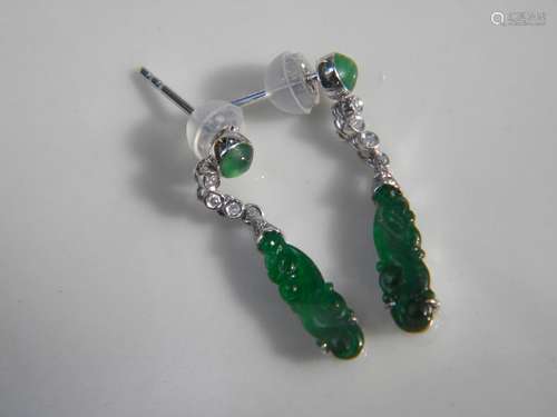 Pair of 18K Gold Diamond Green Dragon Jadeite Earrrings