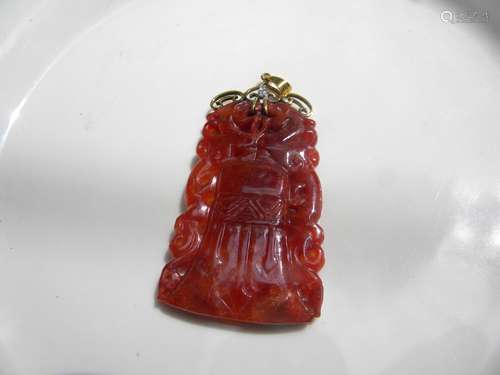 Antique Chinese 18K Gold Red Jadeite Ax Pendant