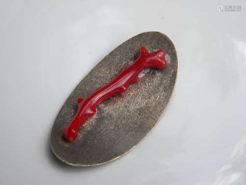 Antique Natural Aka Red Coral Silver Pendant