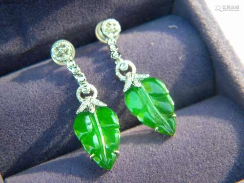 Pair of 18K Gold Diamond Green Leave Jadeite Earrrings