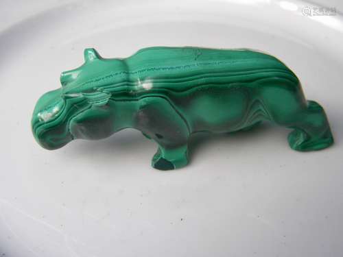 Antique Malachite Carved Hippo Statue