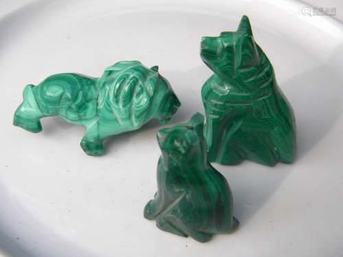 Three Antique Malachite Carved Dog, cat and lion Statue