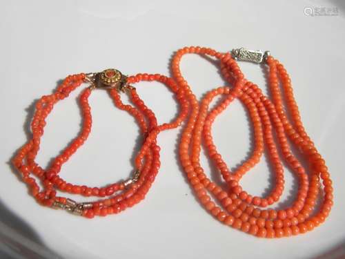 14K Gold Clasp Coral Necklace and Bracelet