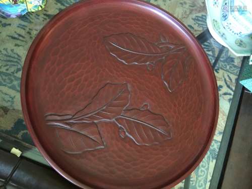 Antique Asia Red Lacquer Flower Plate Marked