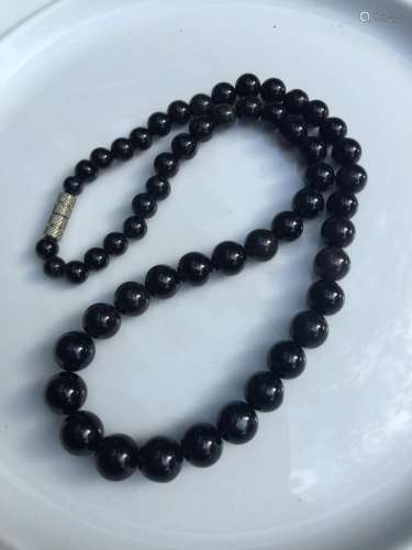 Vintage Chinese Black Onyx Round Bead Necklace