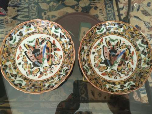 Pair of Antique Enamel Butterfly Plates