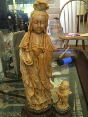 Antique Chinese Soapstone Boy and Guanyin Statue