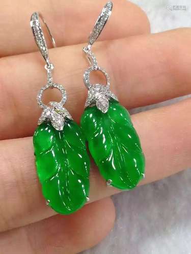 Pair of 18K Gold Diamond Green Jadeite Leaf Earrings