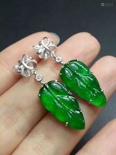 Pair of 18K Gold Diamond Green Jadeite Earrings