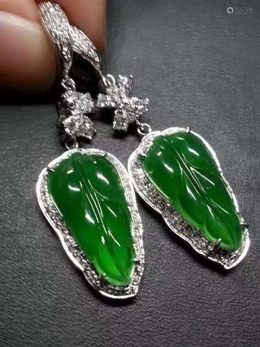 Pair of 18K Gold Diamond Green Jadeite Leaf Earrings