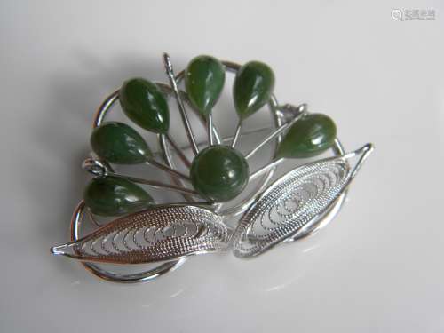Antique Silver Green Jade Brooch Pin