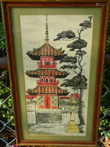 Antique Pagoda Painting Framed-No.1