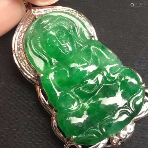 18K Gold Diamond Natural Green Jadeite Guanyin Pendant