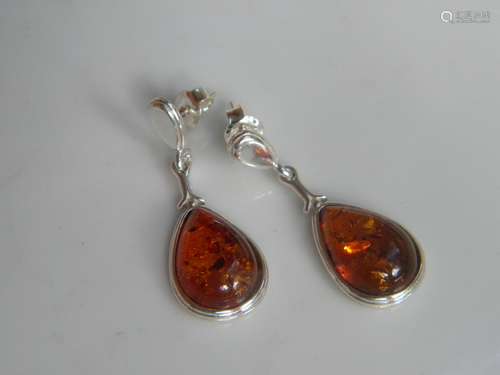 Pair of Natural Baltic Amber Silver Earrings