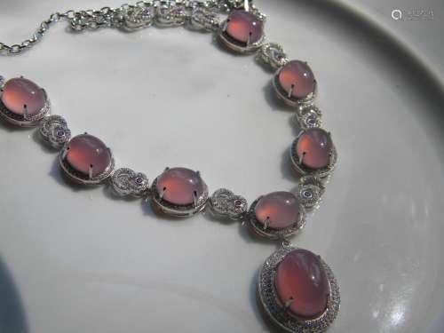 Natural Pink Stone Silver Necklace