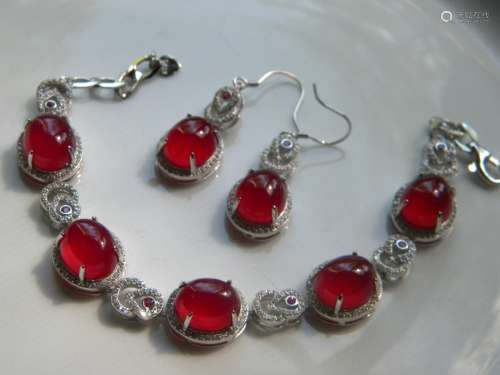 Set of Natural Red Stone Silver Bracelet and Earrings