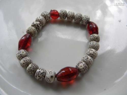 Vintage white Mala Rudraksh beads and red peking glass