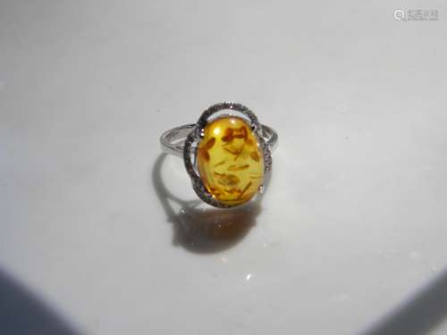 Natural Amber Silver Ring