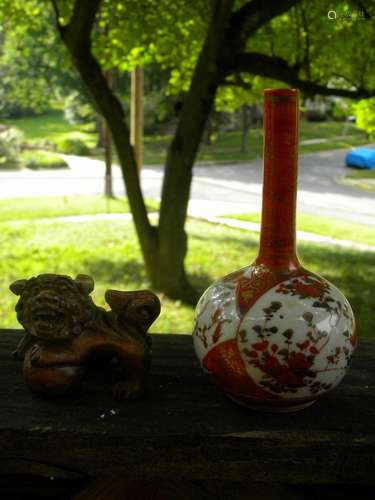 Antique Red Vase and Wood Carved Lion