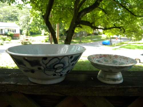 Two Antique Chinese Blue and White Bowl and Color Dish