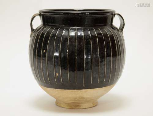 A Black-Ribbed and White Stripe Glazed Jar