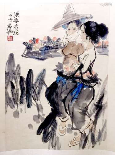 Chinese watercolor scroll painting of Two Girls