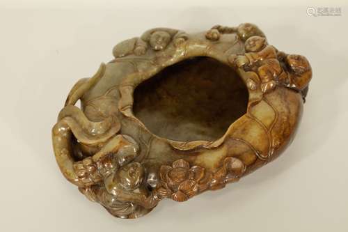 Early 20th Brownish Jade Brush Washer Carved Lotus