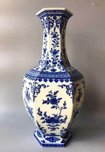 Chinese Blue/White Hexagonal Vase, Marked