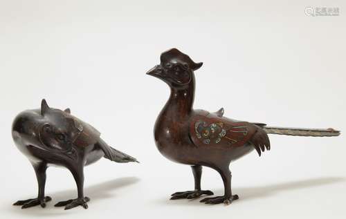 Pair of Bronze & Cloisonne Birds