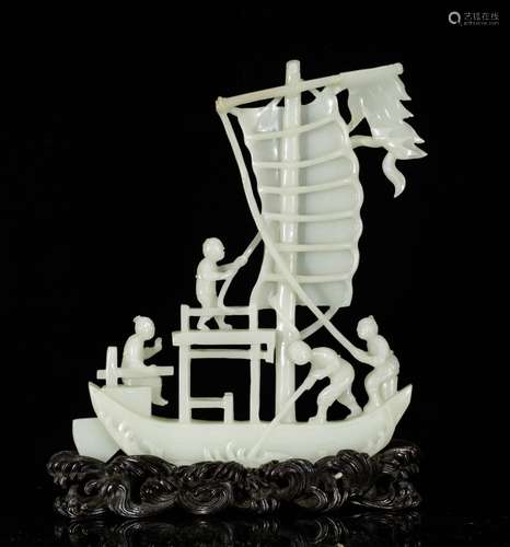 Chinese 19th C. White Jade Carving of a Boat